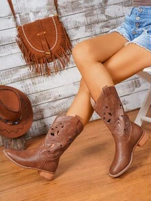 Giày bốt cao bồi miền Tây mũi tròn thêu khoét rỗng cổ điển dành cho nữ, mẫu mới, gót dày, giày bốt cưỡi ngựa đa năng - Rỉ Nâu - Xem 2