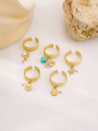 1 pieza Anillo de pendiente de estrella de mar y concha de aleación lujoso y elegante, Diseño minimalista con tonos fríos adecuado para uso diario de mujeres, regalo para amigos y mejores amigas