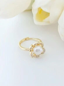 1 pieza Anillo abierto ajustable de perla barroca, diseño floral minimalista, elegante y ligero para mujeres