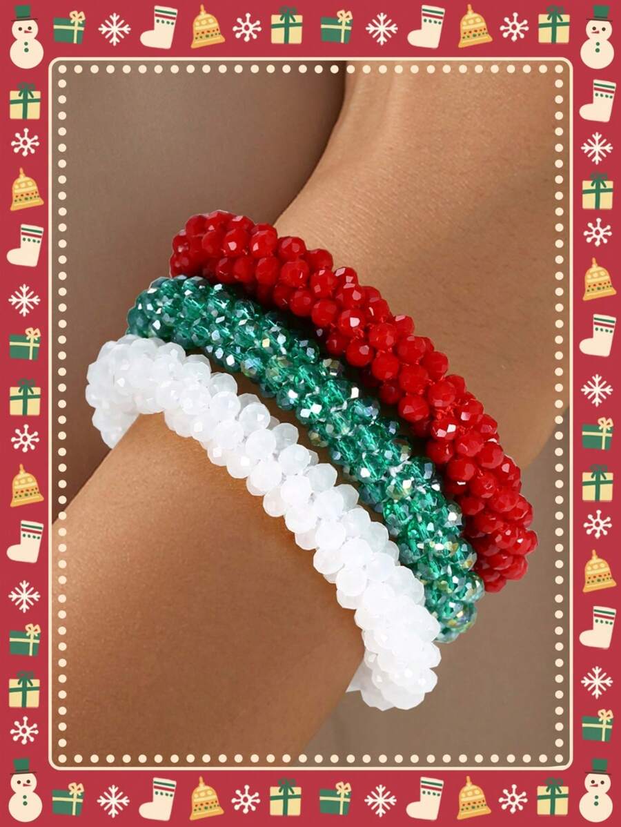 Esbbela Set de 3 pulseras Festival Gift, pulseras de cuentas, cristal artificial, apilables, elásticas, para mujeres de 6.5-8 pulgadas, para uso diario y vacaciones