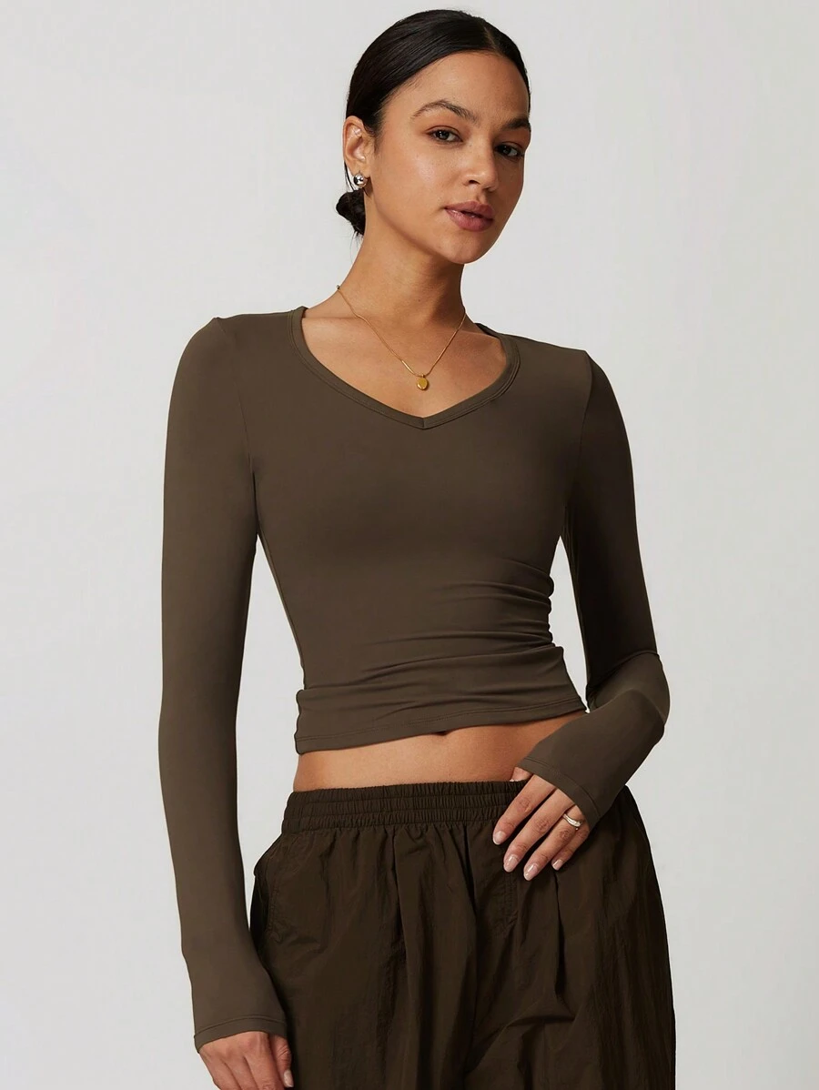 MASKERT Áo croptop ôm sát dành cho nữ, áo thun dài tay, áo thể thao dài tay chống nắng, thích hợp cho yoga, chạy bộ, thoải mái và thân thiện với da. - Cà phê nâu - Xem 1