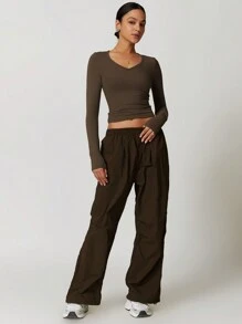 MASKERT Áo croptop ôm sát dành cho nữ, áo thun dài tay, áo thể thao dài tay chống nắng, thích hợp cho yoga, chạy bộ, thoải mái và thân thiện với da. - Cà phê nâu - Xem 5