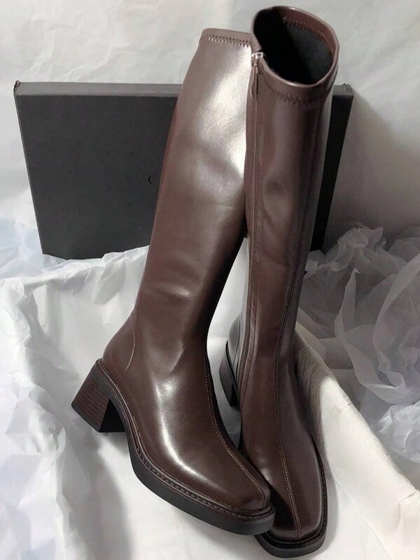 Chunky Heel Square Toe Solid Color Leather Stretch Over-The-Knee Slim Boots,Style With Sweater