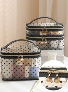 Travel Storage Brush Mesh Hand-Held Double-Layer Cosmetic Bag Portable Visible Change Key Lipstick Sundries Storage Bag