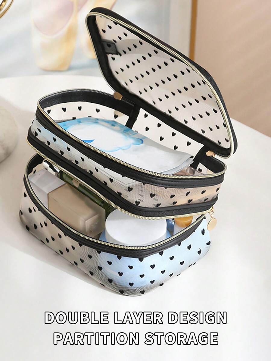 Travel Storage Brush Mesh Hand-Held Double-Layer Cosmetic Bag Portable Visible Change Key Lipstick Sundries Storage Bag