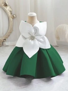 女童花卉拼接色块派对礼服优雅公主礼服，适合女童礼服、生日礼物、宴会、婚礼、节庆庆典礼服