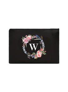 1 套黑色亚麻手提包，带 A-Z 花卉印花设计，带化妆包，简约优雅，个性化伴娘婚礼礼品包，化妆包，旅行简易收纳包，纯色化妆品钱包，大容量旅行化妆包，圣诞节最佳教师礼物 - 黑色 - 查看 27