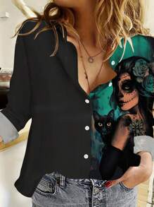 Nueva blusa holgada y suave de mujer con cuello de solapa, manga larga y estampa gráfica de bruja oscura - Negro - Ver 1