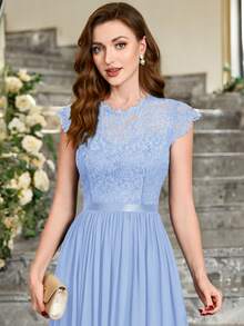MIUSOL Đầm maxi dự tiệc trang trọng, thanh lịch, tay ngắn, chất liệu chiffon satin, ren hoa, eo thon, thích hợp cho nữ, dự tiệc cưới, lễ tốt nghiệp, dạ hội mùa hè. - Màu xanh nhạt - Xem 8