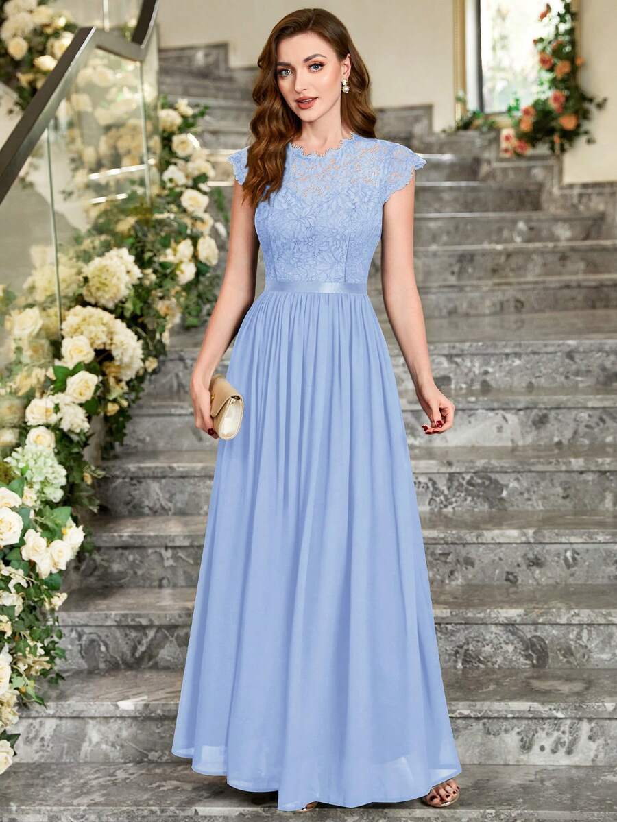 MIUSOL Đầm maxi dự tiệc trang trọng, thanh lịch, tay ngắn, chất liệu chiffon satin, ren hoa, eo thon, thích hợp cho nữ, dự tiệc cưới, lễ tốt nghiệp, dạ hội mùa hè.