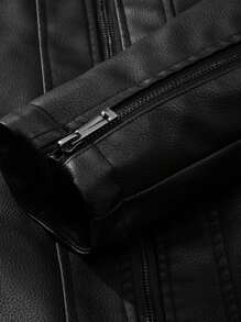 LEDUNTINO 男士时尚拉链休闲户外加厚抓绒摩托车皮夹克，运动风，纯色，飞行员夹克，男友礼物，男士秋冬立领，摩托车风格，纹理肩部，防风，风衣皮夹克春秋外套黑色 - 黑色 - 查看 7