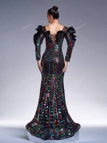 Missord Women's Off Shoulder Mesh Contrast Ruffle Hem Glitter Evening Gown Dress, Elegant Long Sleeve Formal Prom Dress, For Wedding Guest, Graduation, Dinner