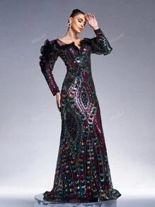 Missord Women's Off Shoulder Mesh Contrast Ruffle Hem Glitter Evening Gown Dress, Elegant Long Sleeve Formal Prom Dress, For Wedding Guest, Graduation, Dinner