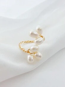 1 pieza Anillo abierto ajustable de perla barroca, diseño floral minimalista, elegante y ligero para mujeres