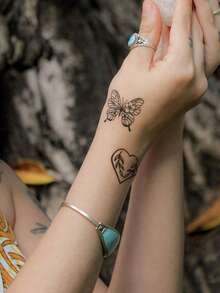 STARTTOOS 1pc Black Butterfly, Floral, Heart Y2K Pattern Temporary Tattoo Sticker For Finger, Wrist, Shoulder, Neck, Collarbone - Black - View 3