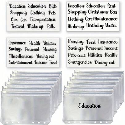 12 个 A6/A5 拉链活页夹口袋和 4 包现金信封标签贴纸用于预算透明不干胶标签用于账单省钱返校、返校、学校用品