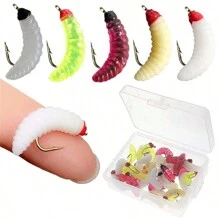 10Pcs/Box Artificial Silicone Maggot Worm Bait With Hook For Trout Perch Bass Fly Fishing Lures - Multicolor - View 1