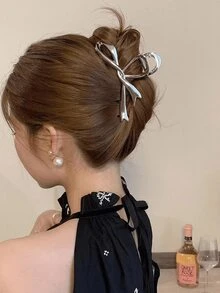 1 chiếc kẹp tóc nơ ruy băng cỡ lớn, kẹp tóc kim loại hình càng cua màu bạc, kẹp tóc nơ, kẹp tóc càng cua chắc chắn, kẹp tóc dễ thương, kẹp tóc nơ, kẹp tóc nơ, kẹp tóc - Bạc - Xem 2