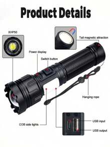 1 Peça Lanterna Tática Recarregável Tipo-C, LED Super Brilhante de 10.000 Lúmens com Luz Lateral COB, 7 Modos, À Prova d'Água, para Camping, Trilhas e Emergências - luz branca - Visão 9