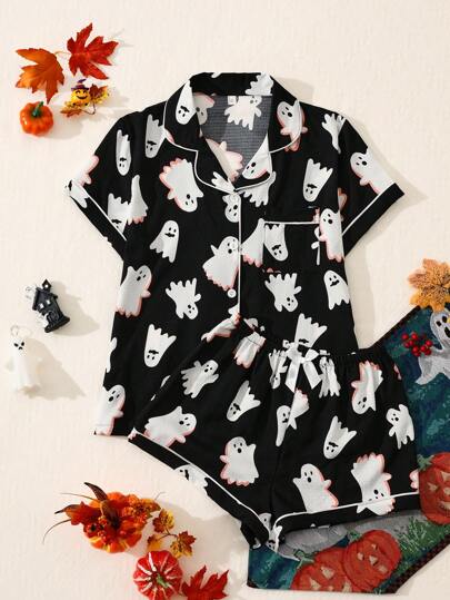 2pcs Ghost Graphic Funny Print Short Sleeve Collar Blouse And Bow Shorts Halloween Pajamas Set For Women,Two Pieces Set