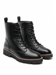 Women's Combat Ankle Boots: Lace-Up Design With Lug Sole Fashion Booties Valentines - 黑色 - 查看 1