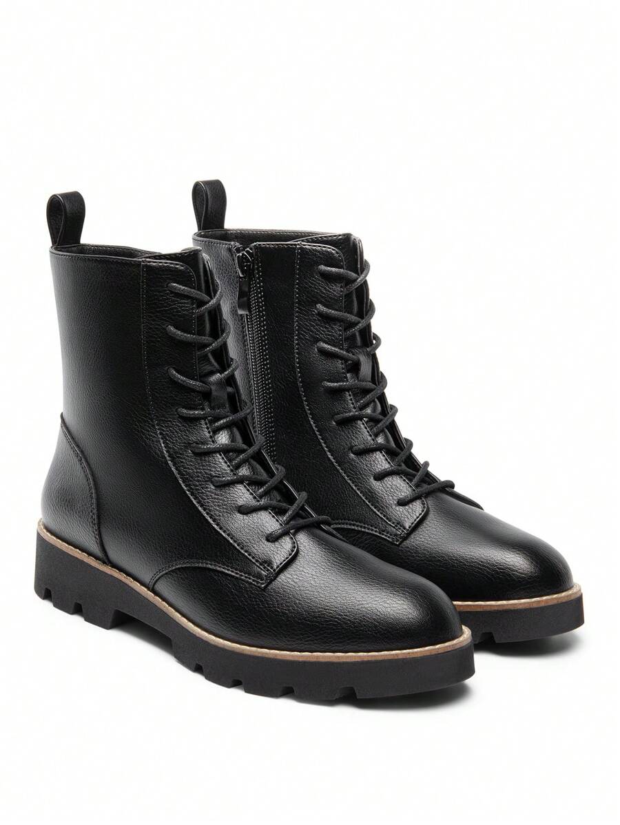 Women's Combat Ankle Boots: Lace-Up Design With Lug Sole Fashion Booties Valentines - 黑色 - 查看 1