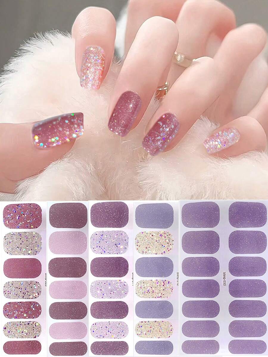 玫瑰粉色闪粉全覆盖美甲贴纸，光泽亮丽，易于DIY，持久耐用，适合派对和日常美甲佩戴。美甲用品