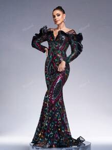 Missord Women's Off Shoulder Mesh Contrast Ruffle Hem Glitter Evening Gown Dress, Elegant Long Sleeve Formal Prom Dress, For Wedding Guest, Graduation, Dinner