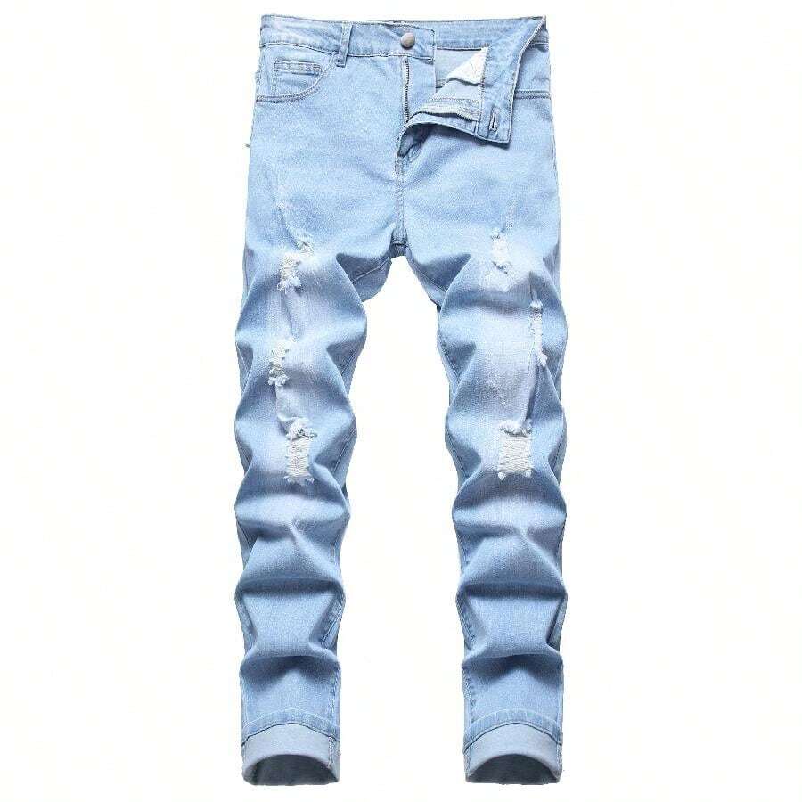 Men's Stretch Ripped Jeans Slim Blue Casual Pants - Màu xanh lam - Xem 1