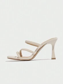 Women's Crystal Decorated Open Toe Slip-On Platform Chunky Heel Sandals, Comfortable Daily Casual Wear Outdoor Shopping Meeting Shoes, Beige