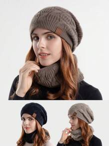 2 Stück Damen warme gestrickte Beanie und Schal Set, dick gefütterte Beanies für täglichen Outdoor-Gebrauch als Accessoires für Frauen - A - Übersicht 3