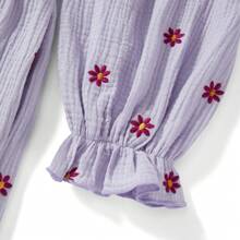 Women Floral Embroidered Maxi Dress Long Puff Sleeve Square Neck Bohemian Flowy Dress With Pockets Smocked Fall Dress - 紫色 - 查看 6