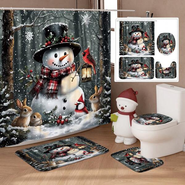 1/4pcs Christmas Winter Snowman Cardinal Holly Funny Cute Red White Shower Curtain Set With Shower Curtain And Rugs Polyester Waterproof Machine Washable For Xmas Bathroom Or Shower Decor With 12 Hooks Non-Slip Bath Mat U-Shape Toilet Lid Cover Mat Home Bathroom Decor Summer Bathroom Accessories Back To School