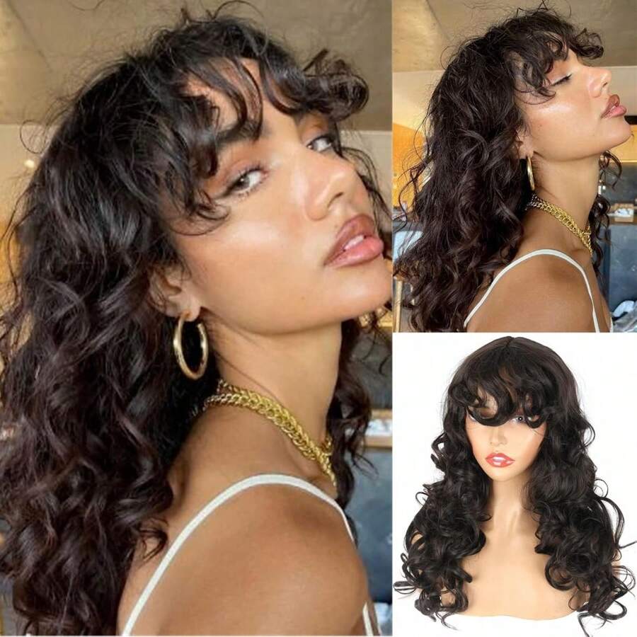 KRSI Long Curly Wigs With Wispy Bangs Dark Brown Natural Shag Curly Haircuts Synthetic Hair Wigs For Black Women Daily Party Use 24inch(Dark Brown) Christmas Gifts - Dark Brown - 查看 1