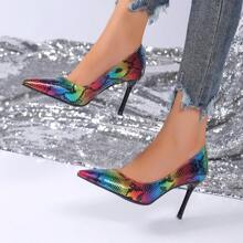 2024 High Heels Women Shoes Fashionable Pointed Toe Pumps For Date, Work, Daily Casual Wear, Sexy And Gorgeous Snakeskin Pattern Slip-On Shoes - Multicolor - View 2