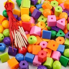20-100pcs Thread Geometry Beads With 2pcs Color Random Rope Random Shape And Color Blocks Children Early Educational Color Shape Cognition Beads Kids Manual Ability Training Games - Multicolor - View 3