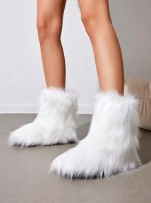 Women Winter Boots Fluffy Flat Snow Boots Slip-On Knee-High Boots Furry Boots Ladies Shoes Go With Dress Great For Festival And Party Occasion Mid-Calf Black Boots - 白色 - 查看 2