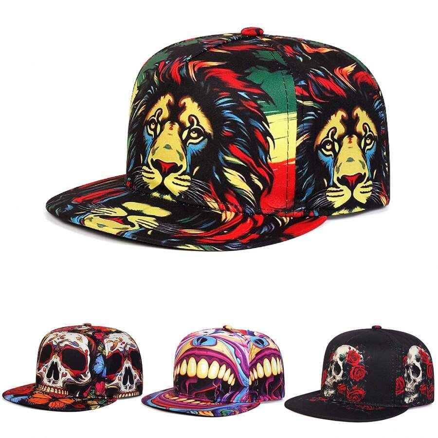1 pieza Gorra de béisbol de moda para hombres con estampado de calavera y rosa, ajustable, unisex, protección solar para exteriores, adecuada para primavera/otoño, viajes, fiestas en la playa - impresión - Ver 1