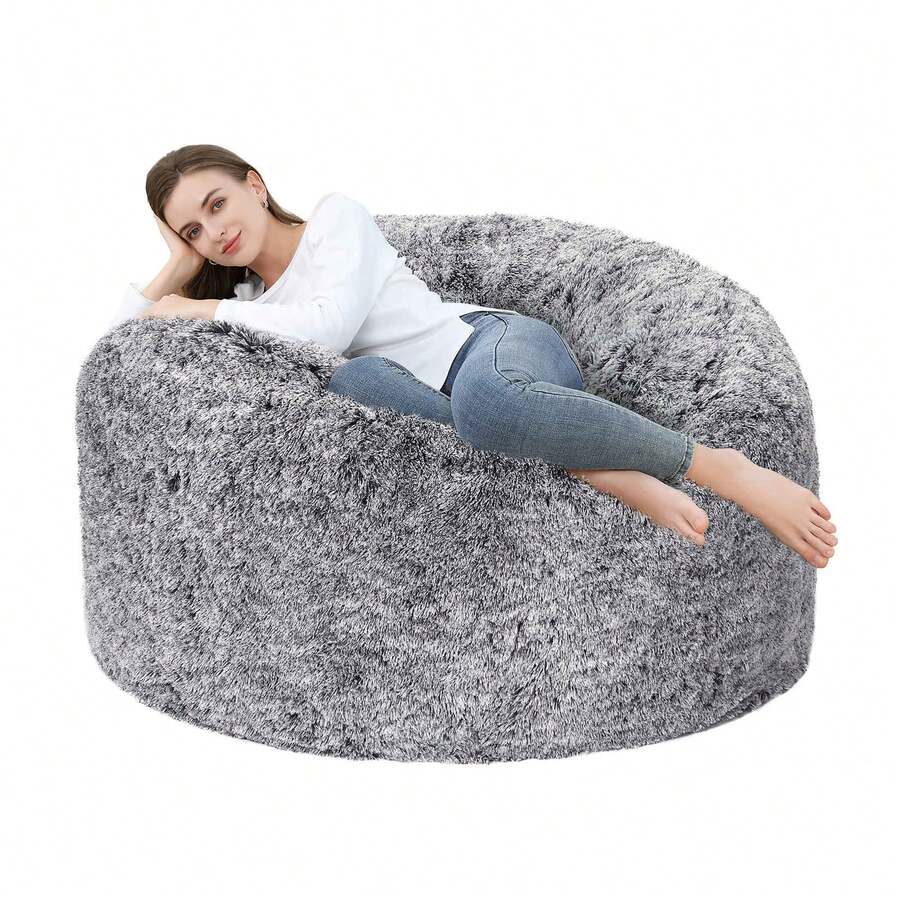 Funda para sillón puf, funda de tela suave y esponjosa de 4 pies/5 pies para sillón puf gigante de adulto sin relleno, funda lavable para sofá de sillón puf - Gris-5 pies - Ver 1