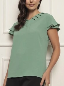 Women's Suede Blouse With 2 Ruffled Sleeves Summer Various Colors - Màu xanh Bạc hà - Xem 3