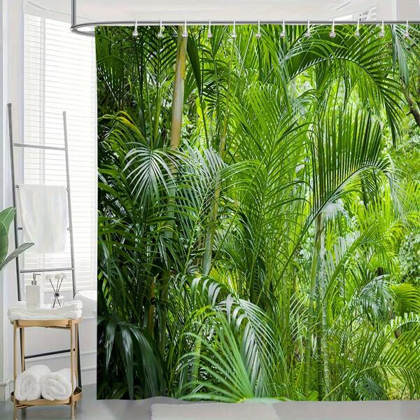 Cortina de chuveiro com plantas tropicais e cenário natural ao ar livre, tecido de poliéster com estampa de selva tropical, cortina de chuveiro lavável, decoração de banheiro com ganchos, acessórios de decoração de outono que não bloqueiam a luz, volta às aulas