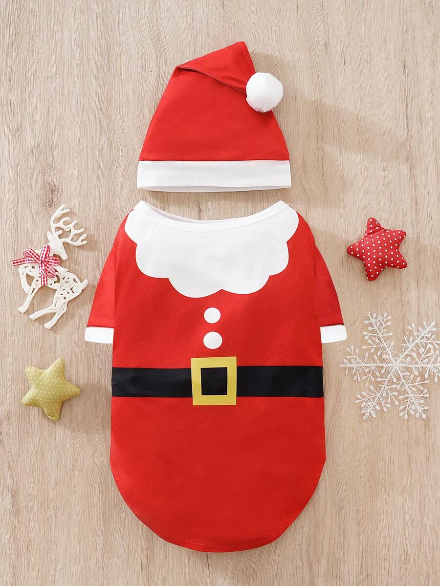 圣诞红色圣诞老人服装连帽衫，适合小型宠物狗猫，秋冬季
