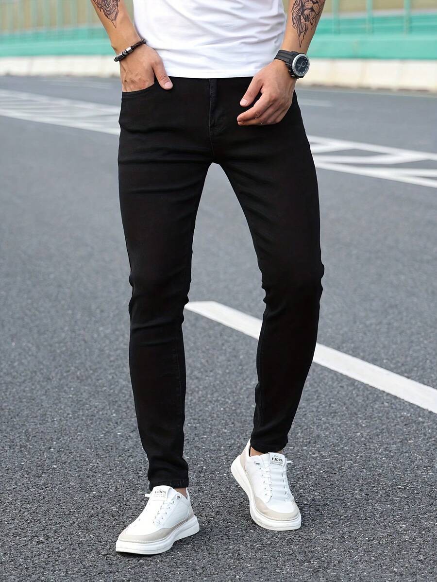 Men's Solid Color Stretch Slim Fit Jeans Fashionable And Versatile - Black - View 1