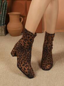 Stivali da donna alla moda, eleganti e sexy con stampa leopardata, stivali corti con tacco largo, stivali   con motivo leopardato, adatti per autunno/inverno