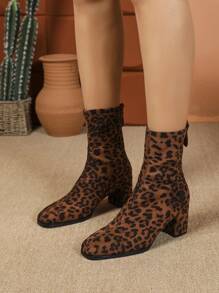 Stivali da donna alla moda, eleganti e sexy con stampa leopardata, stivali corti con tacco largo, stivali   con motivo leopardato, adatti per autunno/inverno