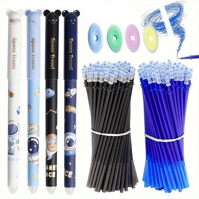 Bolígrafo de gel con borrador de 0.5mm, bolígrafo de panda, bolígrafo de bola de rodillo con tinta de gel con diseño de animal, incluye 4 bolígrafos, 20 recambios y 2 borradores para niños, suministros de oficina y escolares (Bolígrafo borrable negro)
