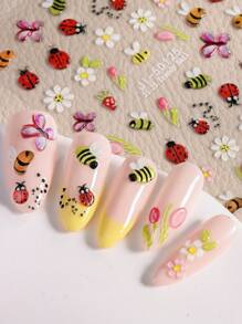 情人节 5D 可爱蜜蜂花卉指甲贴纸，卡通瓢虫蝴蝶草莓指甲滑块优雅雏菊郁金香花卉 DIY 指甲贴花指甲装饰 2 张