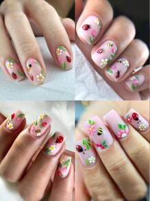 情人节 5D 可爱蜜蜂花卉指甲贴纸，卡通瓢虫蝴蝶草莓指甲滑块优雅雏菊郁金香花卉 DIY 指甲贴花指甲装饰 2 张