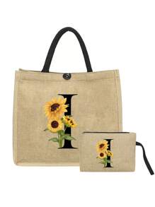 2pcs Linen Tote Bag Set, Including 1 Bag Printed With Letters A-Z And 1 Floral Printed Pouch, Sunflower Floral Print, Letter, Flower Pattern, Personalized Gift Packaging, Yellow Linen Black Tote Bag With Black Snap Closure, Bag Set - Khaki - View 15