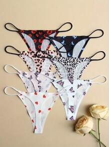 7-Piece Ladies' Low-Waisted G-String Panties With Thin Print Pattern Butterfly Love Women's Panties With Animal And Leopard Print Sexy Women's Underwear Seamless, Soft, Comfortable And Breathable